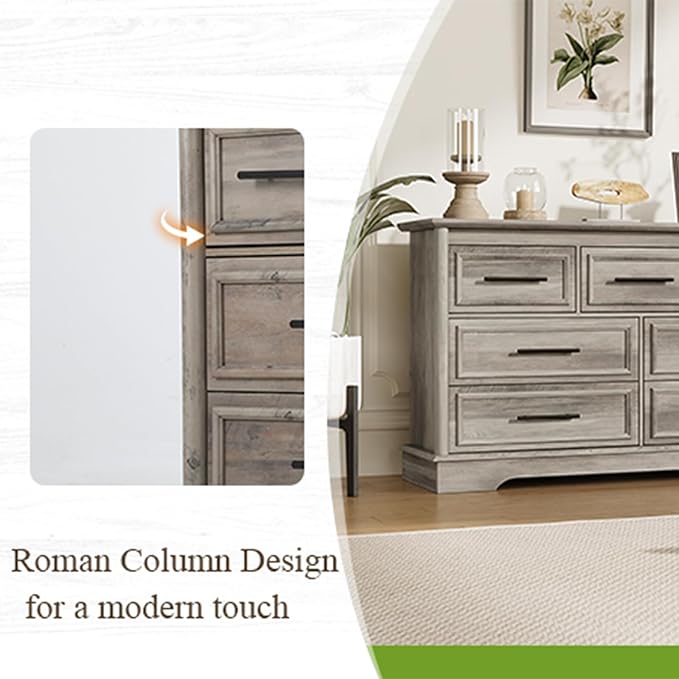 LGHM 7 Drawers Dresser for Bedroom, 54" Wide Chest of Drawers with Smooth Gliding Drawers, Gray Wood Dresser, Sturdy Storage Dressers Organizer with Metal Handles for Home Office, Farmhouse, Nursery