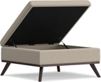 SIMPLIHOME Owen 36 inch Wide Mid Century Modern Square Coffee Table Storage Ottoman in Natural Polyester Fabric, Assembled, for the Living Room, Entryway and Family Room