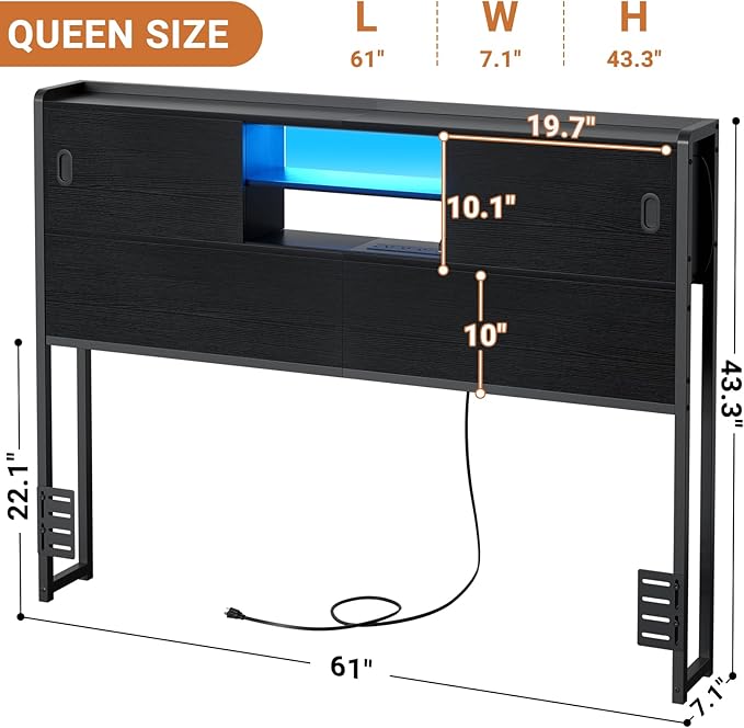 Homieasy Headboard for Queen Size Bed with Storage, Sturdy Bookcase Headboards with Outlet, USB & LED Light, Queen Size Headboard Only, Head Board with Sliding Doors & Bed Adapter for Bedroom, Black