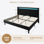 SHA CERLIN King Size Bed Frame with Charging Station and LED Lights, Modern Velvet Platform Bed with Upholstered Geometric Wingback Headboard, No Box Spring Needed, Easy Assembly, Black