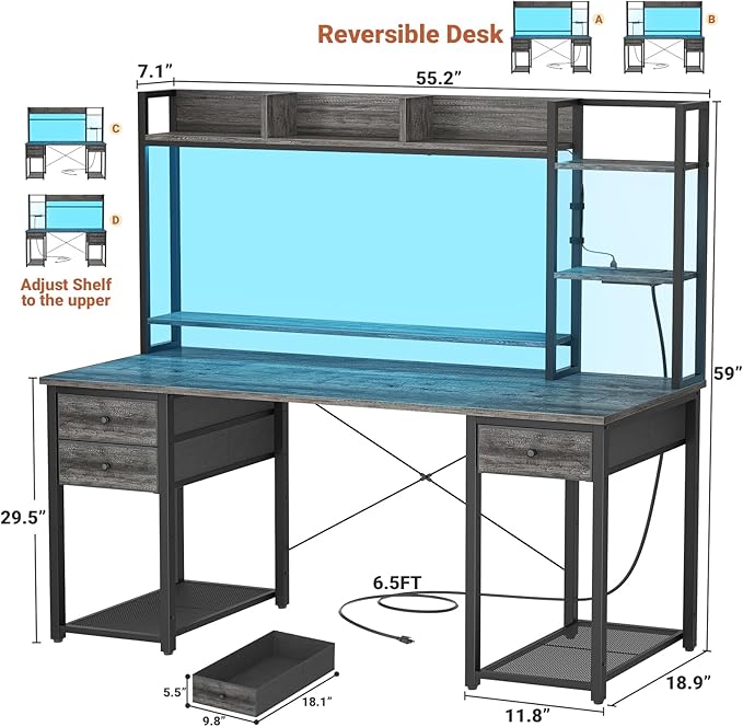 Aheaplus Desk with LED and Outlets, Gaming Desks with Hutch, 55.2'' Computer Desk with Drawers, Reversible Office Desk with Storage Bookshelf Large Workstation with Shelf, Desk for Home, Black Oak