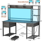 Aheaplus Desk with LED and Outlets, Gaming Desks with Hutch, 55.2'' Computer Desk with Drawers, Reversible Office Desk with Storage Bookshelf Large Workstation with Shelf, Desk for Home, Black Oak