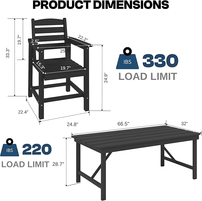 7 Piece Patio Dining Set with 11ft Patio Umbrella (Navy), 7 Black Outdoor HDPE Dining Set with 6 Chairs + 1 Large Table with 2" Umbrella Hole, for Market, Pool, Garden, Backyard, Deck