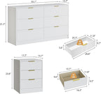 3-Piece Modern Bedroom Furniture Set, Wide 6-Drawer Dresser & 3-Drawer Nightstands Set of 2, Natural Wood Dresser and Nightstand Sets for Bedroom, Hallway, White