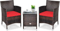 COSTWAY 3 PCS Patio Furniture Set, Outdoor Wicker Conversation Set with Tempered Glass Coffee Table, Seat Cushions, Rattan Wicker Chairs for Poolside Balcony Porch Backyard, Red