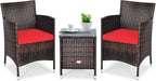 COSTWAY 3 PCS Patio Furniture Set, Outdoor Wicker Conversation Set with Tempered Glass Coffee Table, Seat Cushions, Rattan Wicker Chairs for Poolside Balcony Porch Backyard, Red
