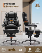 Big and Tall Office Chair 400lbs with Massage and Heat, 23.5" Wide Leather Office Chair with Back Support, Ergonomic Comfort 140° Reclining Desk Chairs Managerial Chairs for Heavy People