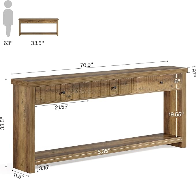 Tribesigns 70.9-Inch Extra Long Entryway Table with 3 Drawers, Sofa Console Table with Open Storage Shelves, Wooden Couch Foyer Tables for Living Room Hallway Entrance