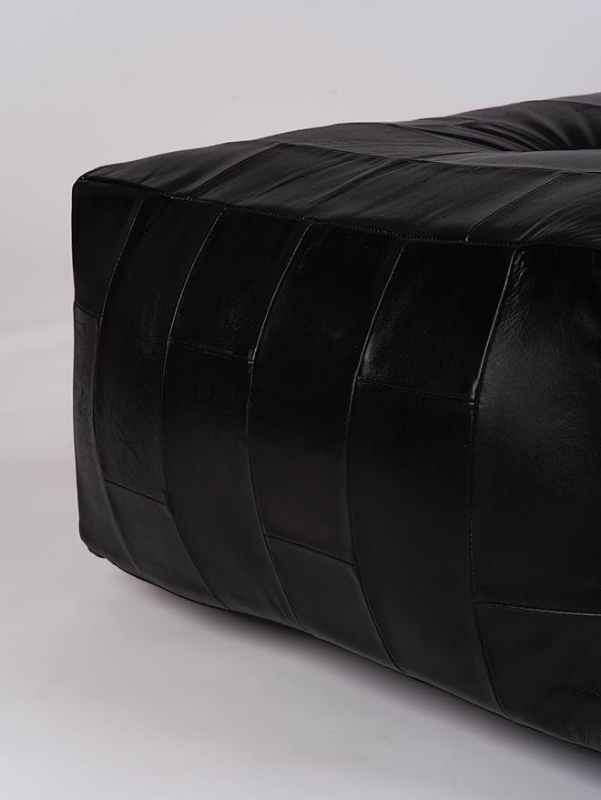 Handmade Eco-Friendly Geometric Leather Pouf Black Color Square 26" x 26" x 14" Buffalo Leather Pouf for Living Room, Bedroom Seating, Patio