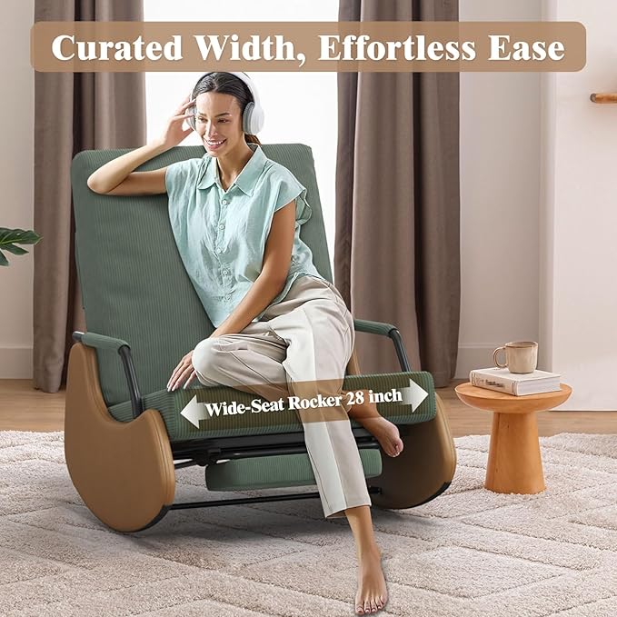 Upholstered Recliner Rocking Chair Nursery with Adjustable Backrest and Footrest, Comfy Corduroy Foldable Glider Chair for Bedroom & Living Room, Dark Green