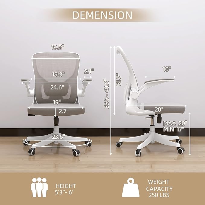 Monhey Office Chair Ergonomic Desk Chair with Lumbar Support&Headrest&Flip-up Arms Height Adjustable Rocking Swivel High Back Computer Chair Warm Taupe Mesh Study Chair (01Khaki)