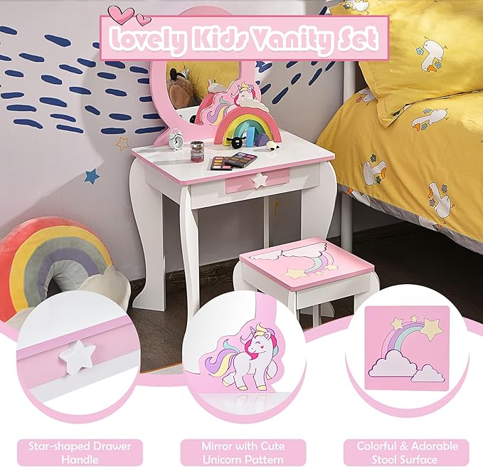 HONEY JOY Unicorn Kids Vanity, Toddler Makeup Table with Mirror and Stool, Wooden Pretend Play Vanity for Little Girls, Detachable Mirror and Storage Drawer, Kids Vanity Table and Chair Set (White)