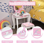 HONEY JOY Unicorn Kids Vanity, Toddler Makeup Table with Mirror and Stool, Wooden Pretend Play Vanity for Little Girls, Detachable Mirror and Storage Drawer, Kids Vanity Table and Chair Set (White)