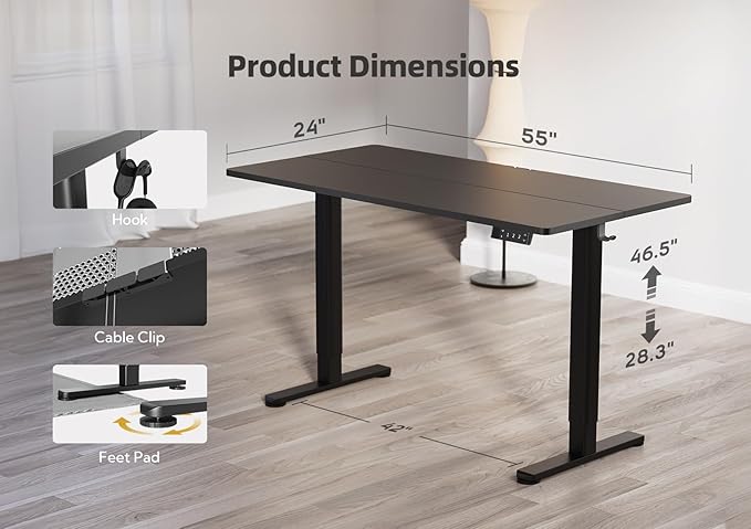 YDN Electric Standing Desk Adjustable Height, 55 x 24 Inches Stand up Desk with Cable Management, Home Office Desks with Splice Board & Black Frame, Black Top