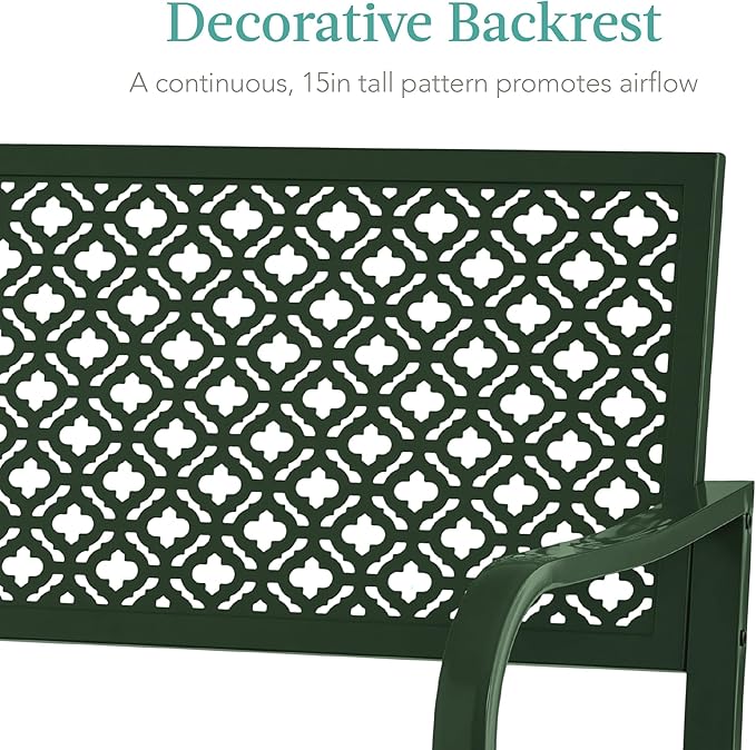 Best Choice Products Outdoor Bench 2-Person Metal Steel Benches Furniture for Garden, Patio, Porch, Entryway w/Geometric Backrest, 790lb Capacity - Dark Green