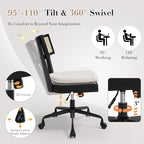 Home Office Desk Chair with Wheels, Ergonomic Computer Task Chair with Rattan Back, Adjustable Height Armless Swivel Chair with Removable Cushion for Small Space, Black