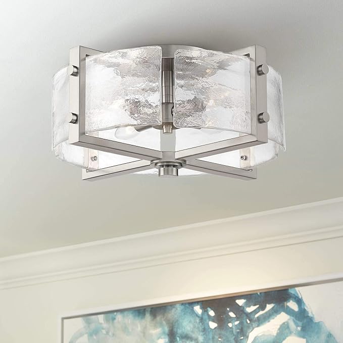 Bofea-Modern Semi Flush Mount Ceiling Light Chrome Drum Light Fixture with Hand-Blown Glass Shade 4-Lights Hallway Lighting Fixtures Farmhouse Ceiling Lights for Dining Room Foyer Entryway Lamp