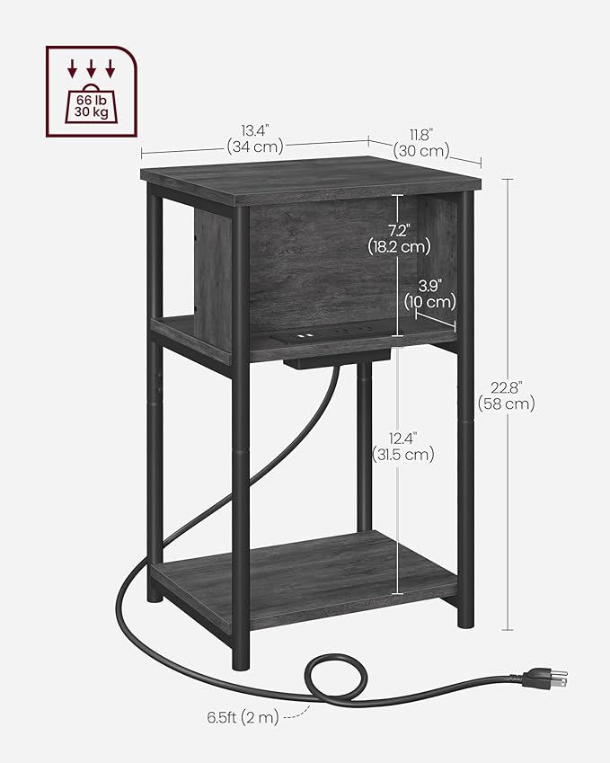 VASAGLE Side Table with Charging Station, 3-Tier End Table with USB Ports and Outlets, Nightstand for Living Room, Bedroom, 11.8 x 13.4 x 22.8 Inches, Plug-in Series, Misty Gray and Black