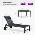 PURPLE LEAF Patio Lounge Chair Set of 3 Outdoor Chaise Lounger Aluminum Frame with Side Table and Wheels for Pool Outside Sunbathing Tanning Recliner Including Pillows Navy Blue