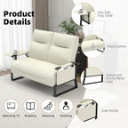 Faux Leather Loveseat, Upholstered Loveseat with Side Tray Table & Storage Pocket, Small Loveseat for Living Room, Modern 2 Seater Sofa Couch for Small Spaces, Bedroom, Beige