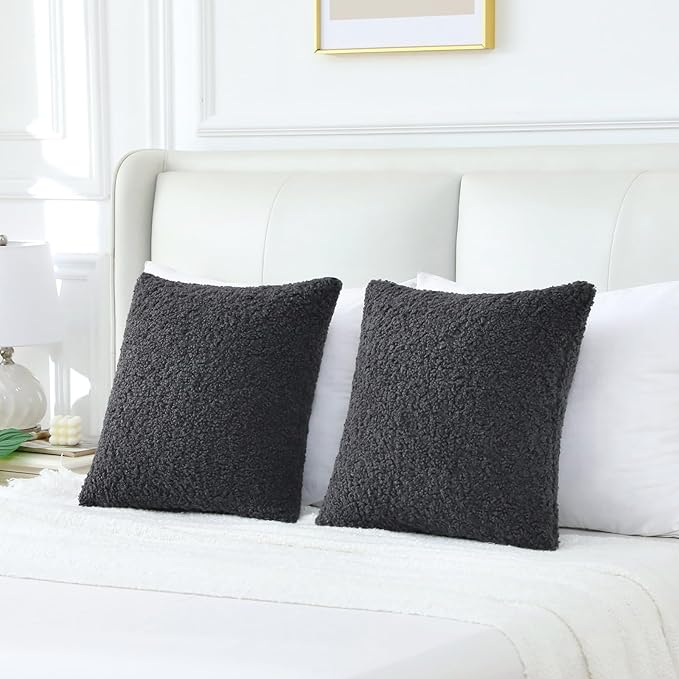 FUTEI Charcoal Throw Pillow Covers 22x22 Inch Set of 2,Furry Faux Fur Teddy Boucle Textured Cushion Covers,Soft Fluffy Decorative Pillow Case,Home Decor for Couch Bed Living Room Office Car