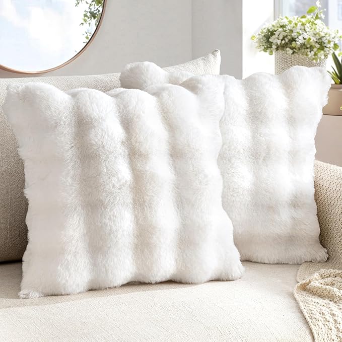 MIULEE Faux Fur Pillow Covers Thick Soft Plush Christmas 24x24 Inch Pack of 2 Euro Throw Pillows Luxury Home Decor for Winter Holiday Bed Couch Bedroom Living Room Sofa,White