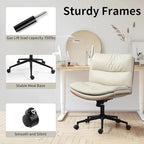 Armless Modern Walnut Office Desk Chair with Wheels, PU Leather Adjustable Wide Swivel Executive Task Chair, Ergonomic Cross Legged Computer Chair for Conference Room, Home Office, Beige
