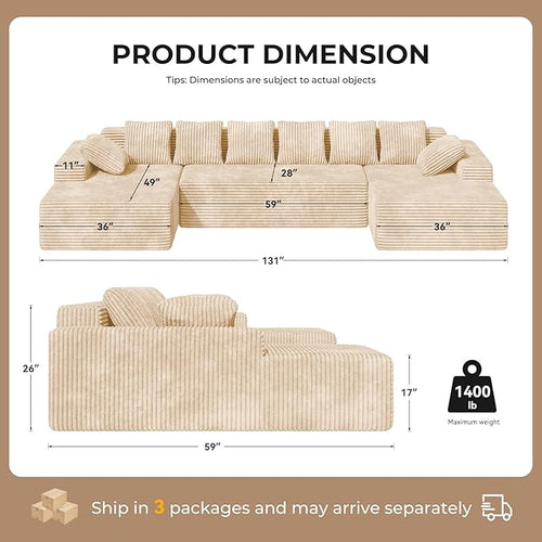 131'' U Shaped Sectional Couches with Chaise Lounge, No Assembly Required Deep Seat Modular Cloud Sofa for Living Room 1PCS, Bedroom(Khaki)