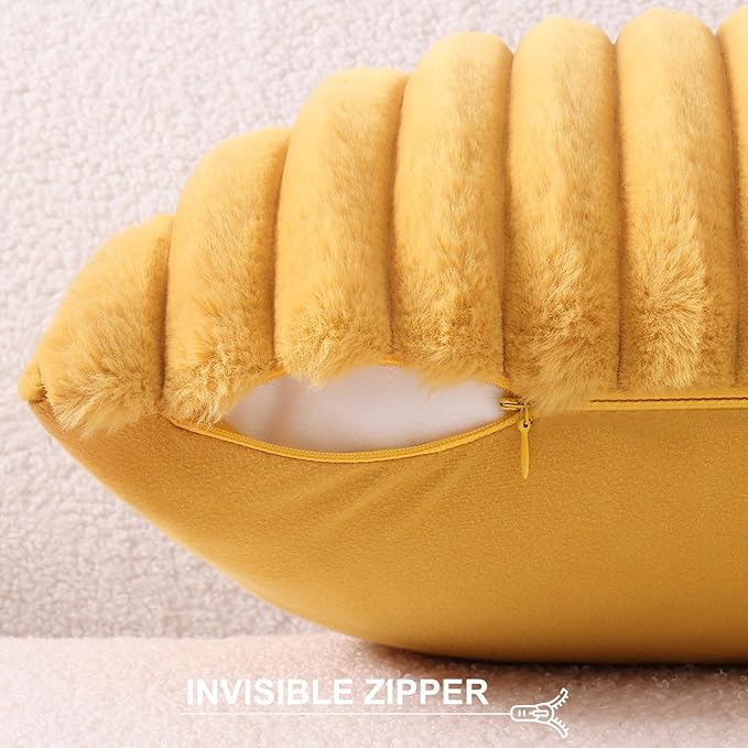 Pallene Faux Fur Plush Throw Pillow Covers 18x18 Set of 2, Luxury Soft Fluffy Striped Decorative Pillow Covers for Sofa, Couch, Living Room, Mustard Yellow
