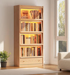 74"H Tall Soild wood Bookcase with 3 color LED light and Glass Door, 5 -Tier Wooden Book case and bookshelf, Large Display Storage Organizer Cabinet with Shelves for Study Home Office Living Room