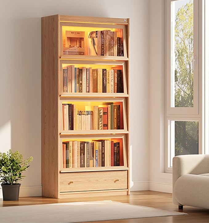 74"H Tall Soild wood Bookcase with 3 color LED light and Glass Door, 5 -Tier Wooden Book case and bookshelf, Large Display Storage Organizer Cabinet with Shelves for Study Home Office Living Room