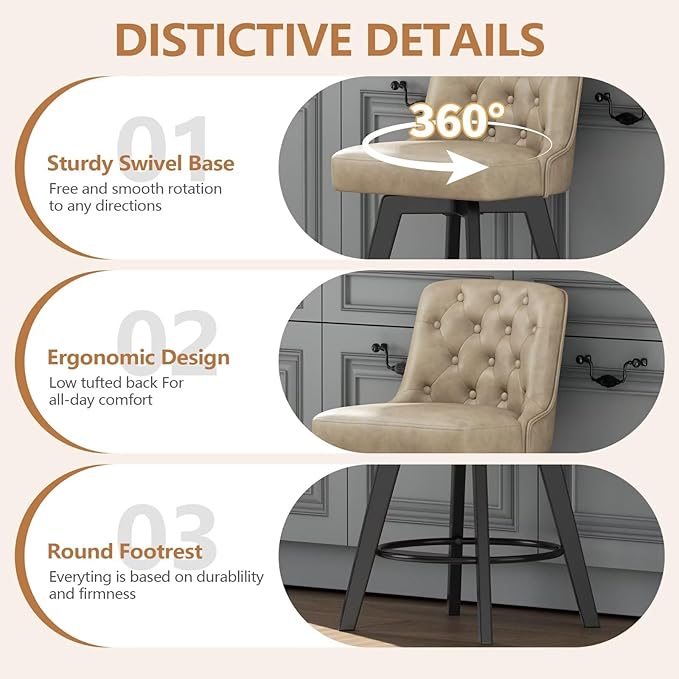 MINCETA Bar Stools Set of 4, PU Leather Barstools, 26 Inch Upholstered Counter Stools with Low Tufted Back and Footrest, Swivel Counter Height Barstools for Kitchen Island Home Bar Khaki