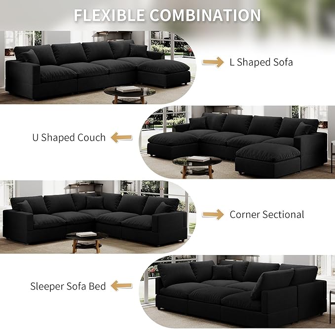 Modern Sectional Linen Couch for Living Room V-Shape Sofas,4 Seat Modular Cloud Sofas,Couches Cushion Covers Removable,Cozy Feather Down Sofa for Apartment Black