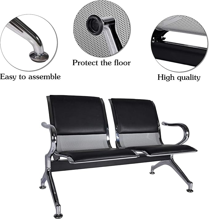 Kinsuite 2-Seat Waiting Room Bench - PU Leather Waiting Room Chairs with Arms & Non-Slip Foot Mats, Reception Chairs Guest Chair for Office Airport Bank Salon, Black