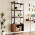 71" Tall Fluted Bookshelf with Sliding Tambour Doors, 4-Tier Mid Century Modern Metal Bookcase Cabinet w/Open Display Storage Shelf, Display Cabinet for Office, Living Room Walnut