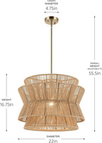 KICHLER Ophira 1-Light Pendant, Global Boho Light with Jute Shade in Champagne Bronze, Sloped Ceiling Compatible, for Kitchen or Foyer (16.75" x 22"), 52734CPZ