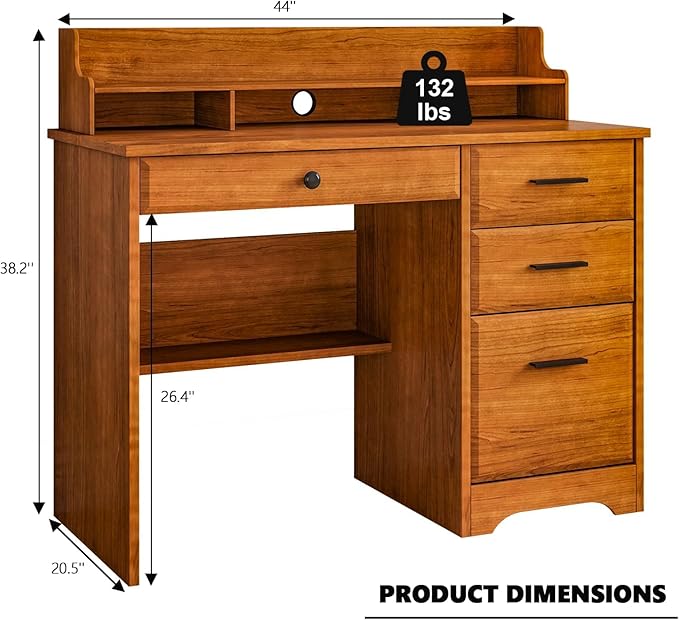 4 EVER WINNER Computer Desk with Drawers for Small Spaces, Wood Desk with File Cabinet & Monitor Stand, Office Desks Writing Study Table for Bedroom, Brown
