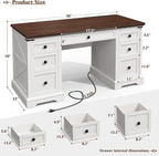 EnHomee 58" W Farmhouse Executive Desk with Drawers, Wood Home Office Desks with Power Outlets, Rustic Computer Desk with Storage Cabinet for Working, Studying, Writing, White + Brown