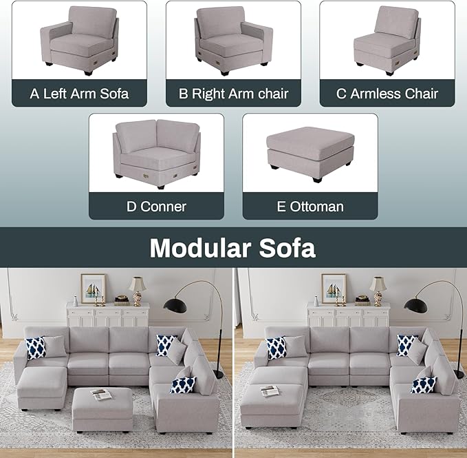 Legend Vansen Modular Sectional Sofa U Shaped Couch with Ottoman Modern Reversible Corner Sectional Couch for Living Room (Light Grey, U Shaped Sofa-3)