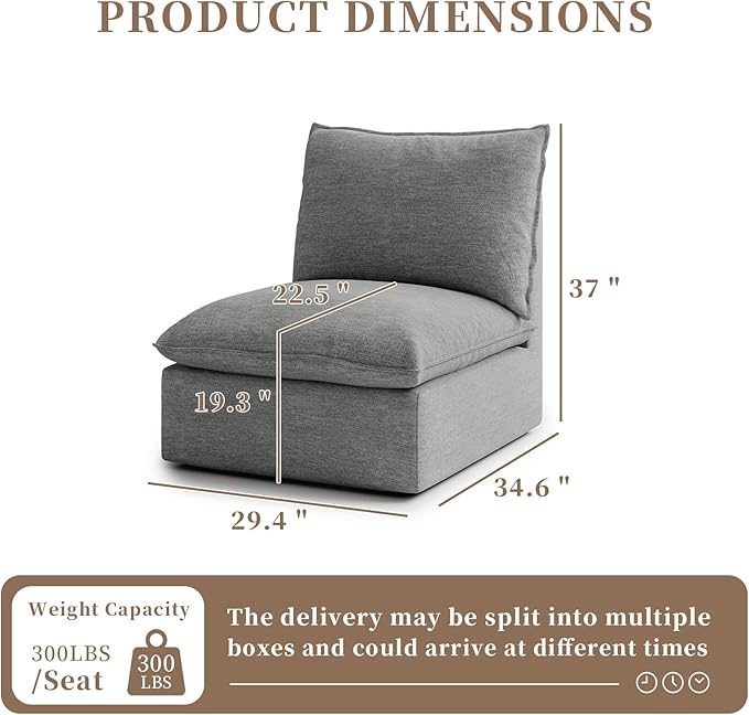 Waterproof Cloud Sectional Couches,High Backrest Down Filled Sofa for Living Room,Modular Sofas Spill & Stain-Resistant Cloud Couch,Detachable Couch Covers,Dark Grey