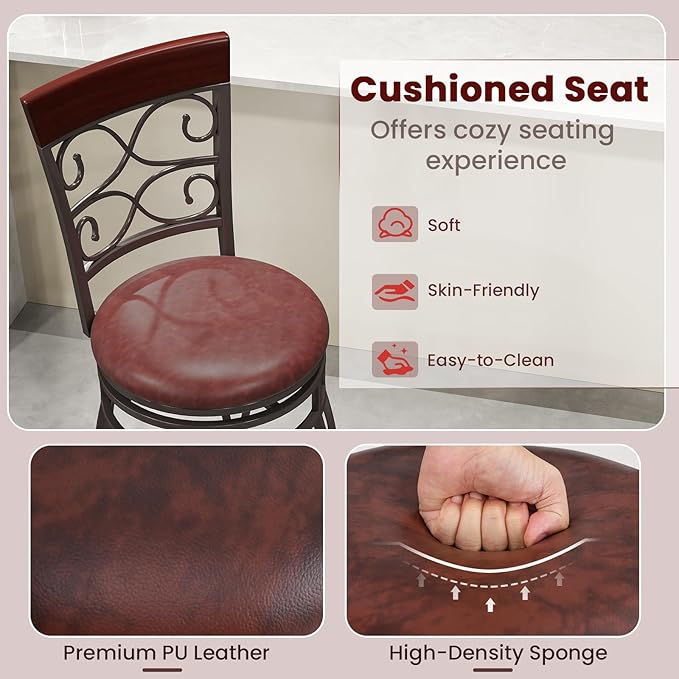 Giantex 30" Swivel Bar Stools Set of 2, Bar Height Bar Stools w/Back, Upholstered PU Leather Seat, Footrest, Max Load 330Lbs, Vintage Metal Barstools for Kitchen Island, Dining Room, Rustic Brown