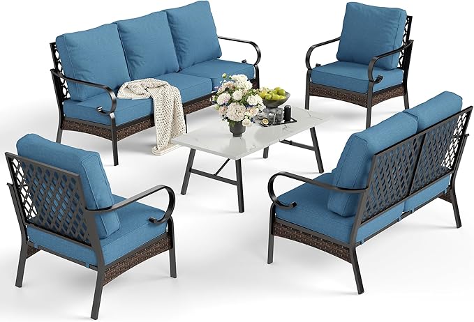 5 Piece Metal Outdoor Patio Furniture Set, Patio Conversation Sets with 3-Seater Sofa, Loveseat, 2 Fixed Sofa (5.75" Thick Cushion) & Coffee Table Black Backyard Furniture, Denim Blue