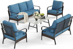 5 Piece Metal Outdoor Patio Furniture Set, Patio Conversation Sets with 3-Seater Sofa, Loveseat, 2 Fixed Sofa (5.75" Thick Cushion) & Coffee Table Black Backyard Furniture, Denim Blue