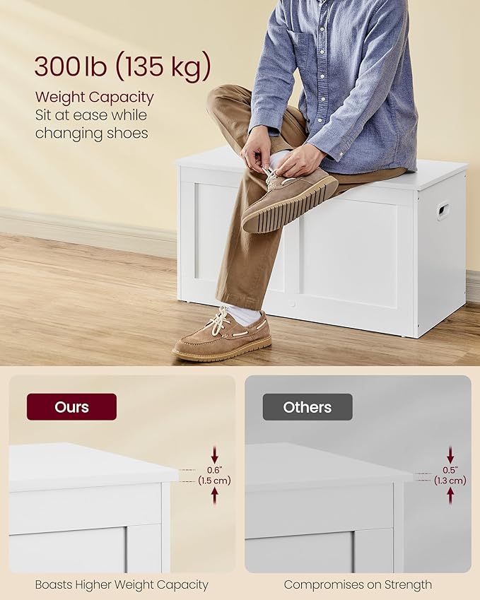 VASAGLE Storage Chest, Storage Trunk with 2 Safety Hinges, Storage Bench, Shoe Bench, Farmhouse Style, 15.7 x 31.5 x 18.3 Inches, for Entryway, Bedroom, Living Room, Cloud White ULSB064W01