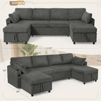 110" Corduroy Pull Out Sofa Bed w/Adjustable Backrests, Sectional U-Shape Sleeper Sofa w/Storage Chaise, Convertible Couch Bed w/USB Charging Port & Cup Holders for Living Room, House, Grey