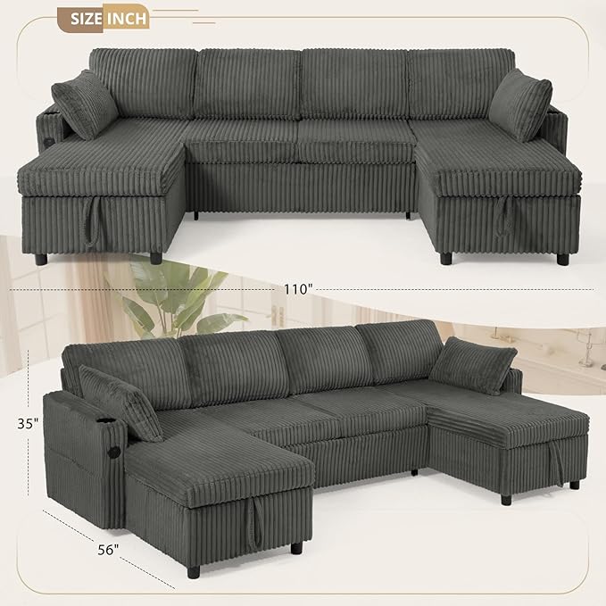 110" Corduroy Pull Out Sofa Bed w/Adjustable Backrests, Sectional U-Shape Sleeper Sofa w/Storage Chaise, Convertible Couch Bed w/USB Charging Port & Cup Holders for Living Room, House, Grey