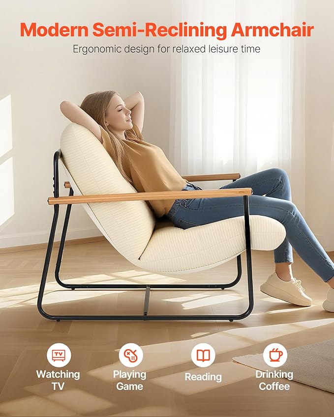 VEVOR Accent Chair, Metal Framed Chair with Wooden Armrests, Modern Cozy Upholstered Armchair, with Soft Foam Cushioning, Detachable Cushion, for Living Room, Bedroom, Reading Room, Office, Beige