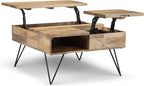 SIMPLIHOME Hunter Lift Top Coffee Table - 32 inch Wide Solid Mango Wood and Metal Industrial Square Cocktail Table in Natural, Living Room Table with Dual Lift Tops, Hidden Storage and Hairpin Legs