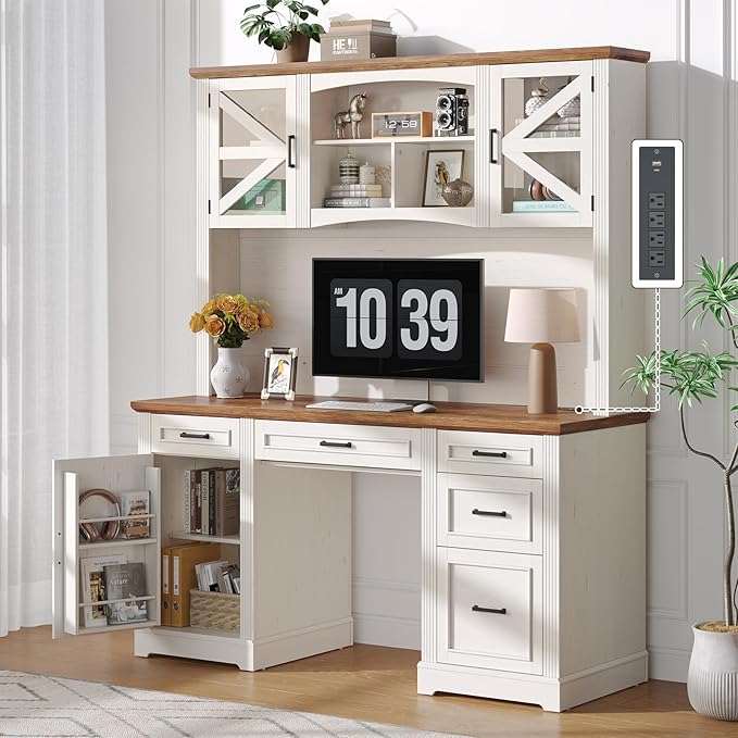 ONBRILL 72" H Farmhouse Executive Desk with Hutch, Office Desk, Computer Desks with Charging Station, Computer Workstations with 5 Drawers and Storage Cabinet for Home, Office, Off White & Walnut