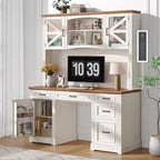 ONBRILL 72" H Farmhouse Executive Desk with Hutch, Office Desk, Computer Desks with Charging Station, Computer Workstations with 5 Drawers and Storage Cabinet for Home, Office, Off White & Walnut